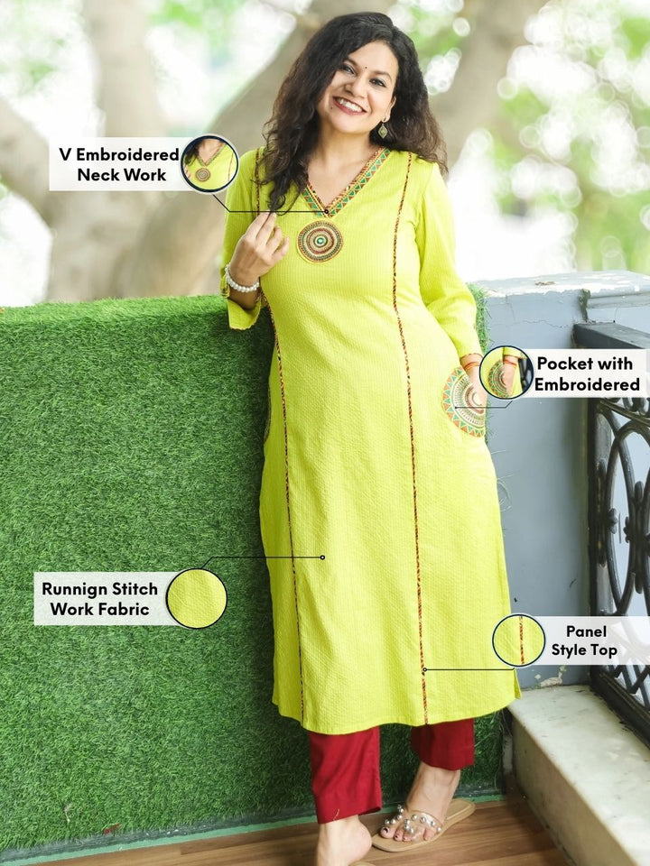 Gulkand Neon Lime V Neck Panel in Running Stitch Cotton Kurti Embroidered Patch Pocket