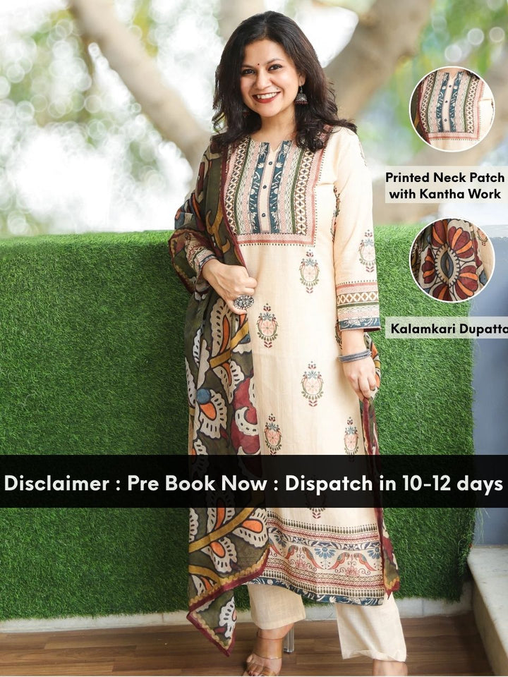 Chanda Tuscan Beige Printed Necline with Kantha Detailing Cotton 3 Piece Set