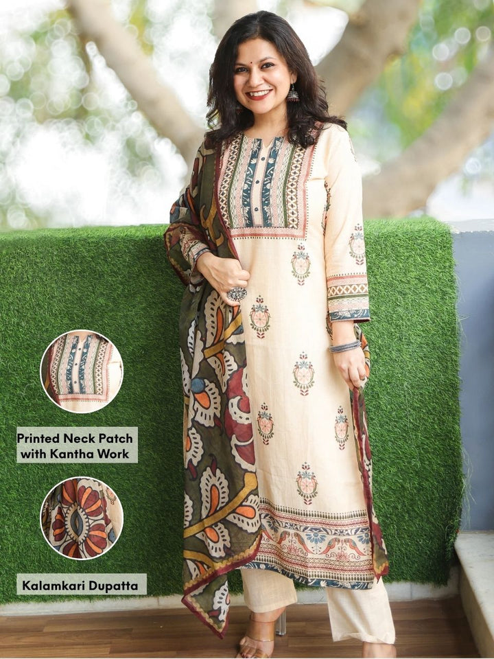 Chanda Tuscan Beige Printed Necline with Kantha Detailing Cotton 3 Piece Set