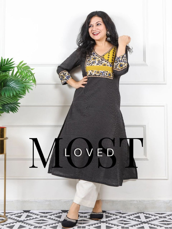 Rivaayi Raven Black Angrakha Neck In Running Stitch Cotton Kurti-D3