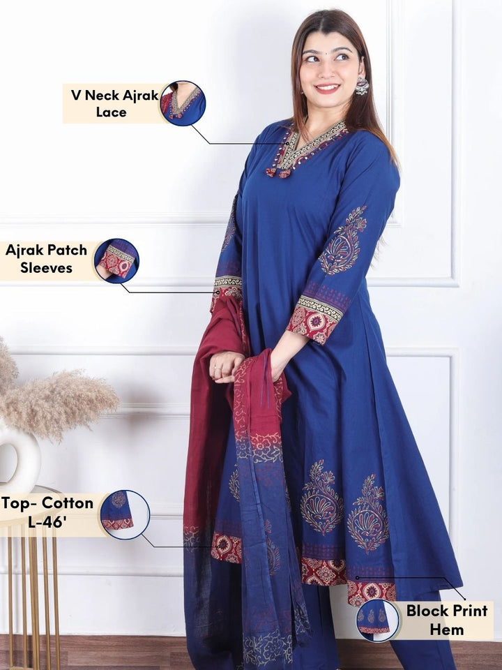 Aahista Royal Blue V Ajrak Print Lace Neck Work Block Print Hem Cotton 3 Piece Set