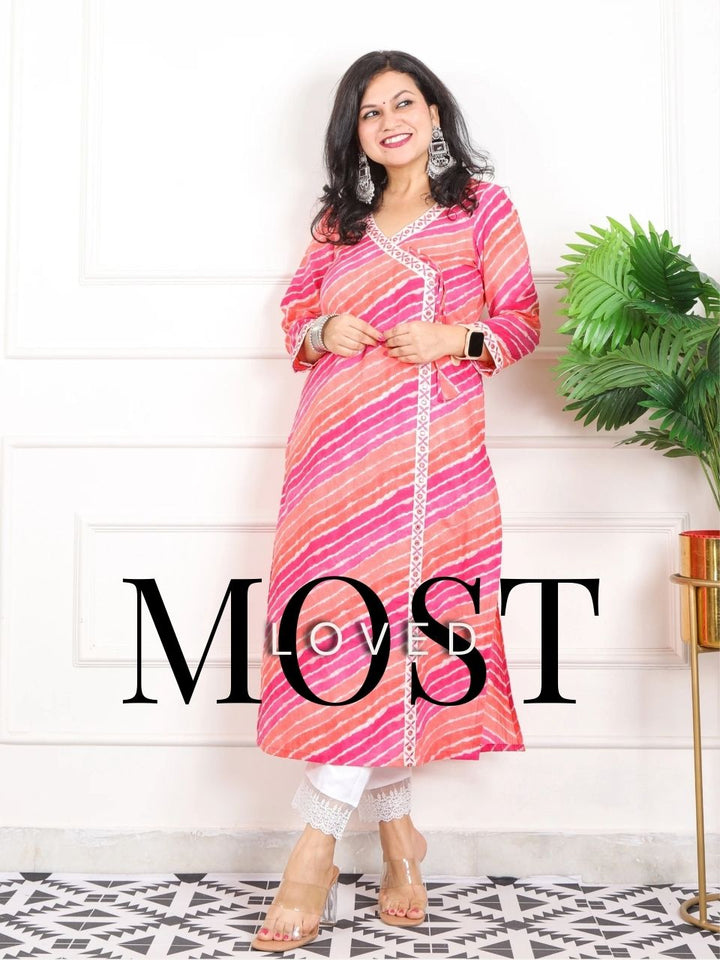 Lehrayi Hot Pink and Orange Long Angrakha Style leheriya Printed Cotton Kurti