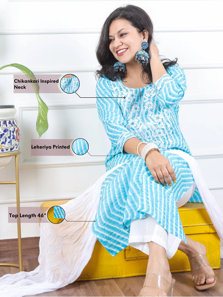 Lehrayi Aqua Teal Leheriya Print Thread Embroidered Work Cotton 3 Piece Set