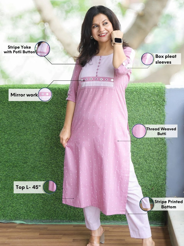 Saundrya Soft Lilac Stripe Print Yoke with Mirror and Potli Button South Cotton 2 Piece Set