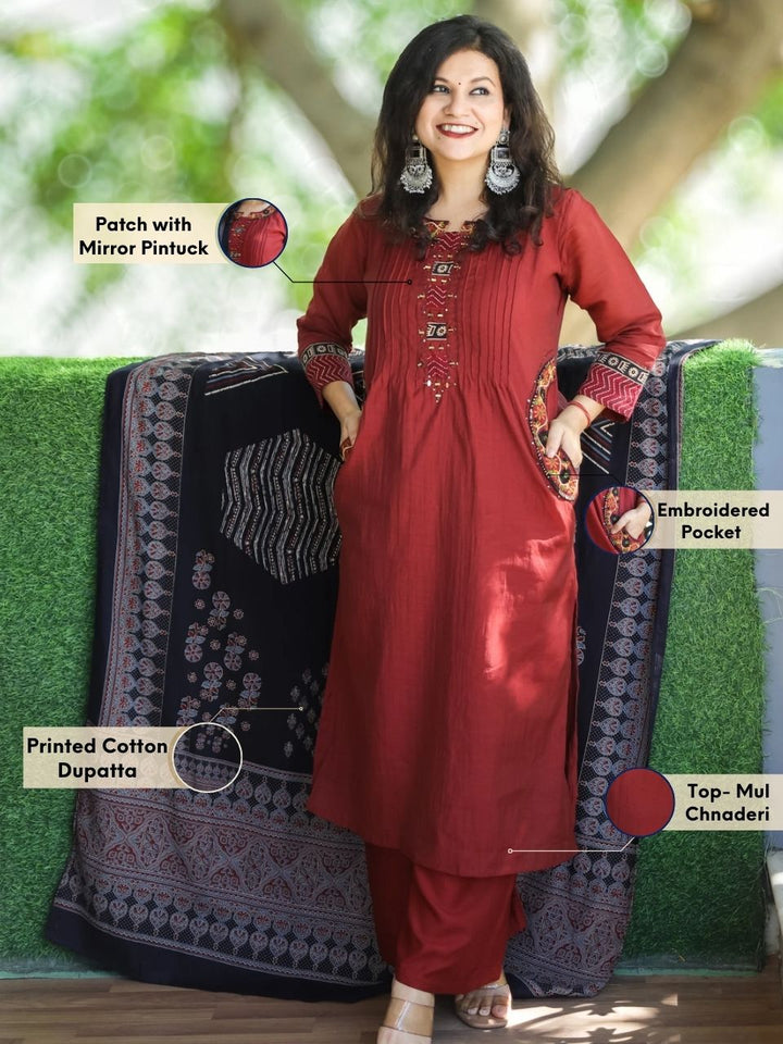 Kiara Berry Red Patch with Mirror Pintuck and Gathered Mul Chnaderi 3 Piece Set with Pocket