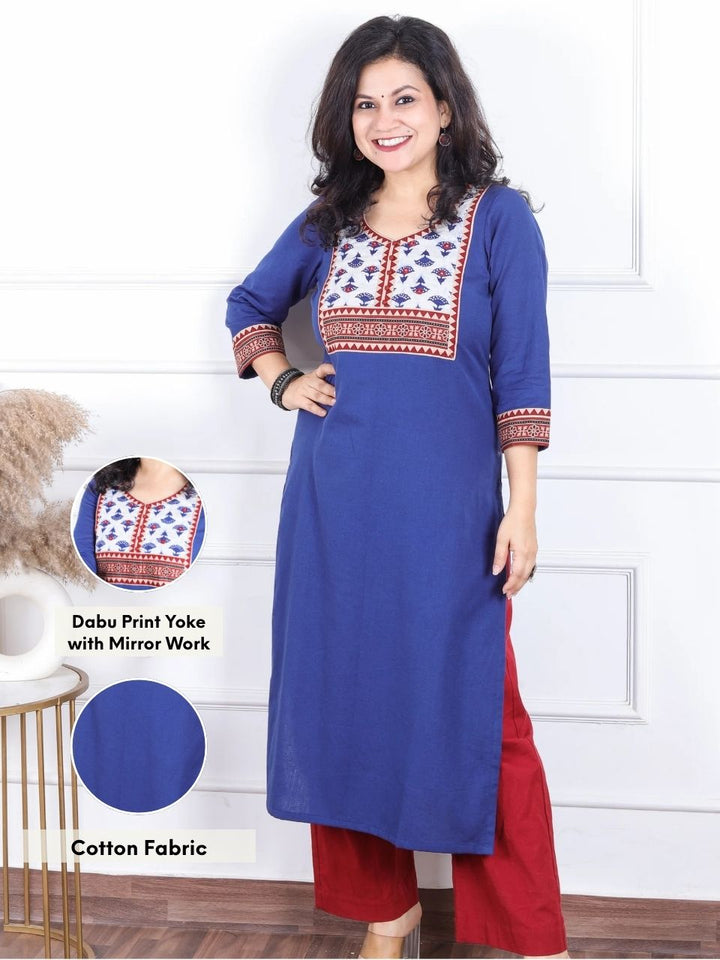 Dashtaan Royal Blue Dabu Print Yoke with Mirror Work Cotton Kurti