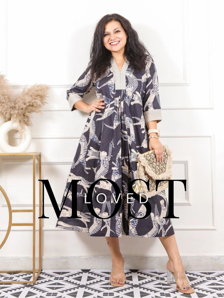 Kinara Sable Black Egyptian Printed Cotton Flared Dress
