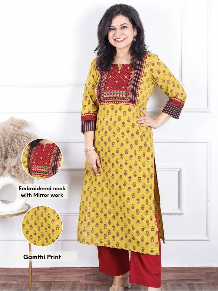 Dashtaan Dijon Yellow Ajrak Printed Patch with Mirror Work Cotton Kurti