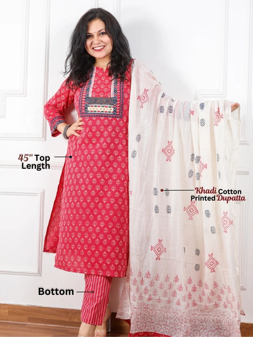 Chaahat Berry Pink Kutch Mirror Neck Work Print Cotton 3 Piece Set