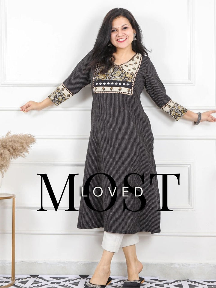 Hanniyaan Shadow Black Angrakha Neck Work Kutch Kantha Cotton Kurti