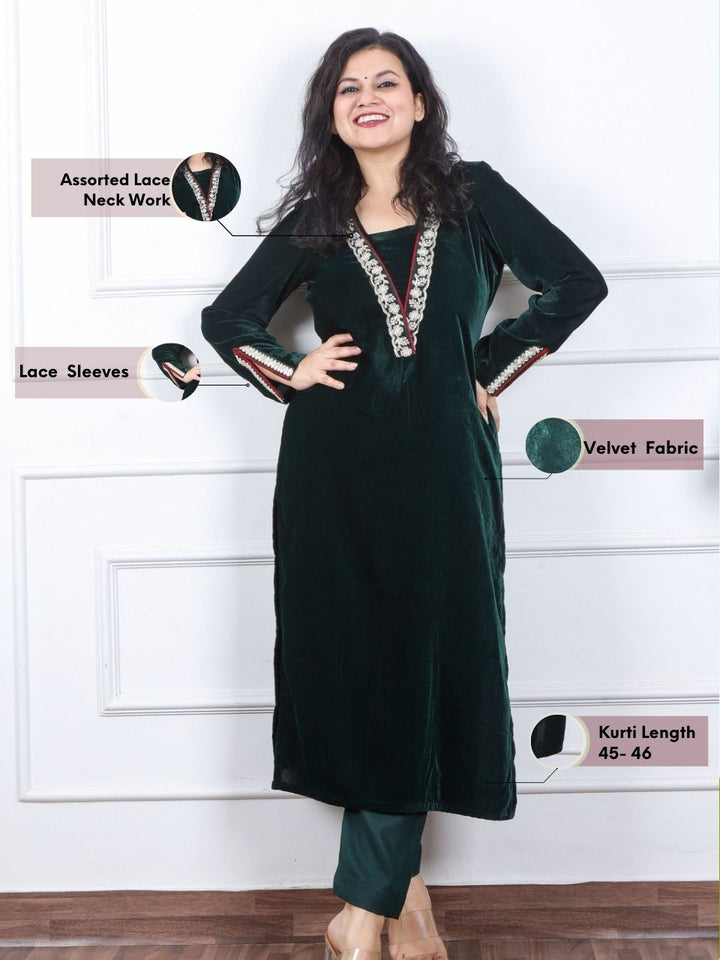 साध्गी Sacramento Green V Neck Lace Work Velvet Winter Kurti-D2