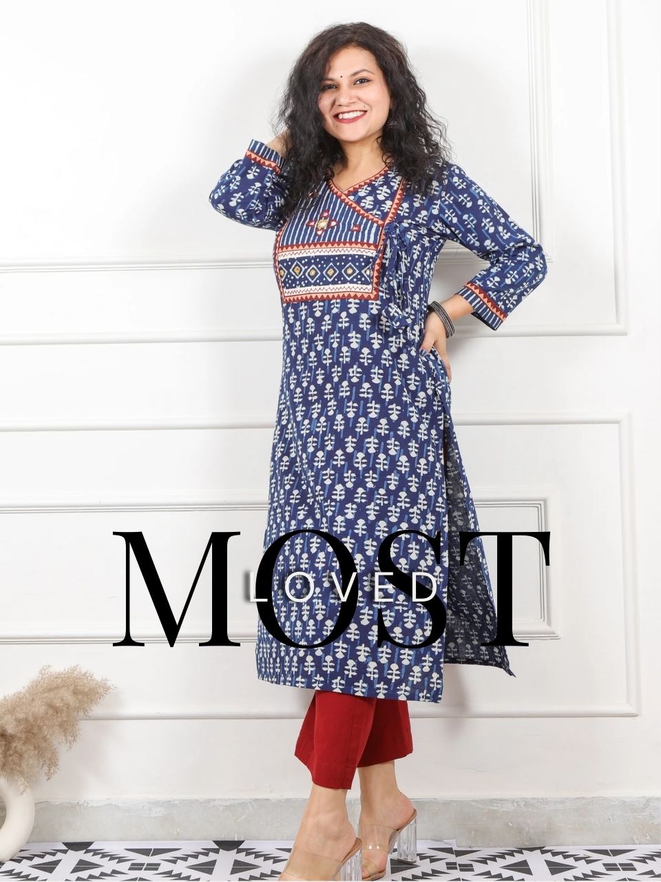 Chaahat Indigo Blue Kutch Angrakha Neck in Dabu Print Cotton Kurti-D2