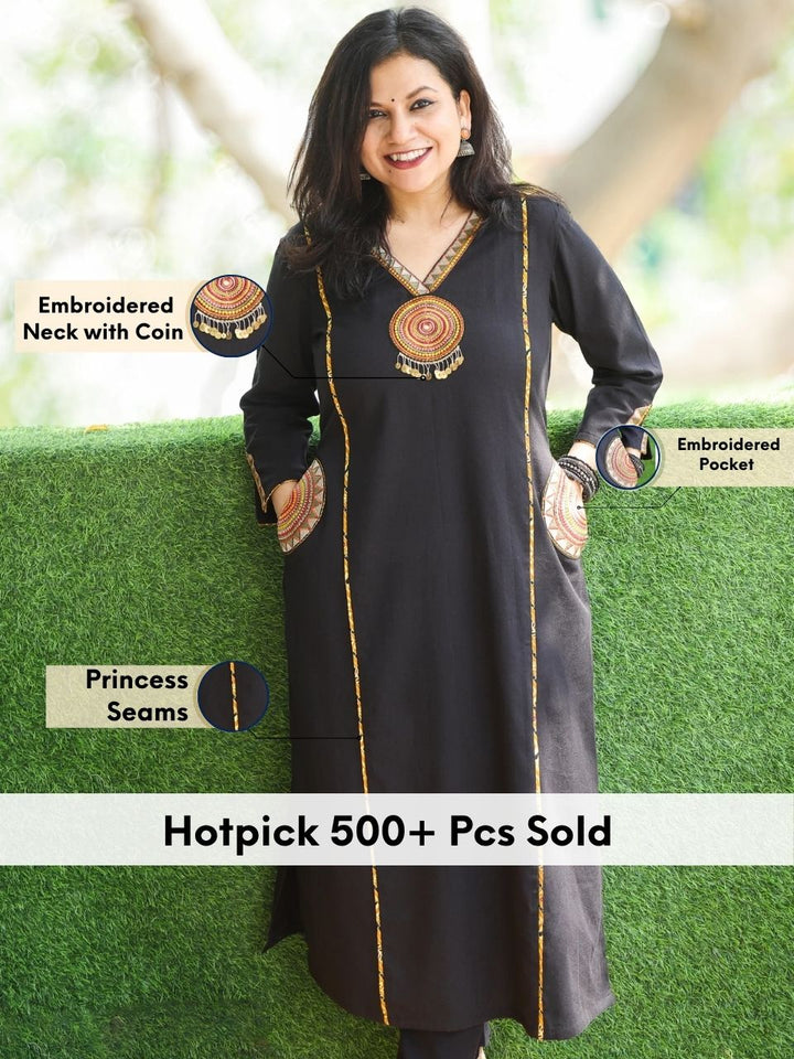 Gulkand Ebony Black Embroidered Patch with Coin Work Cotton Kurti with Pocket