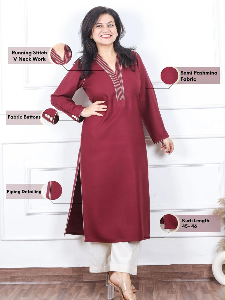 Bloosom Burgundy Red Running Thread Neck Work Semi Pashmina Winter Kurti