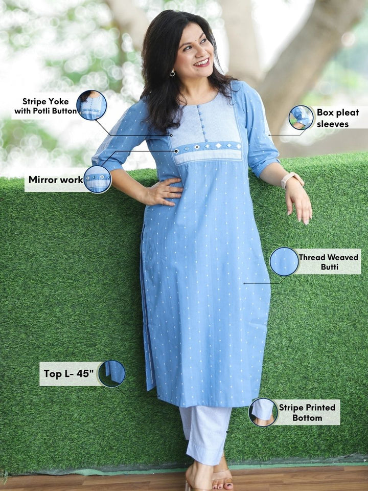 Saundrya Powder Blue Stripe Print Yoke with Mirror and Potli Button South Cotton 2 Piece Set