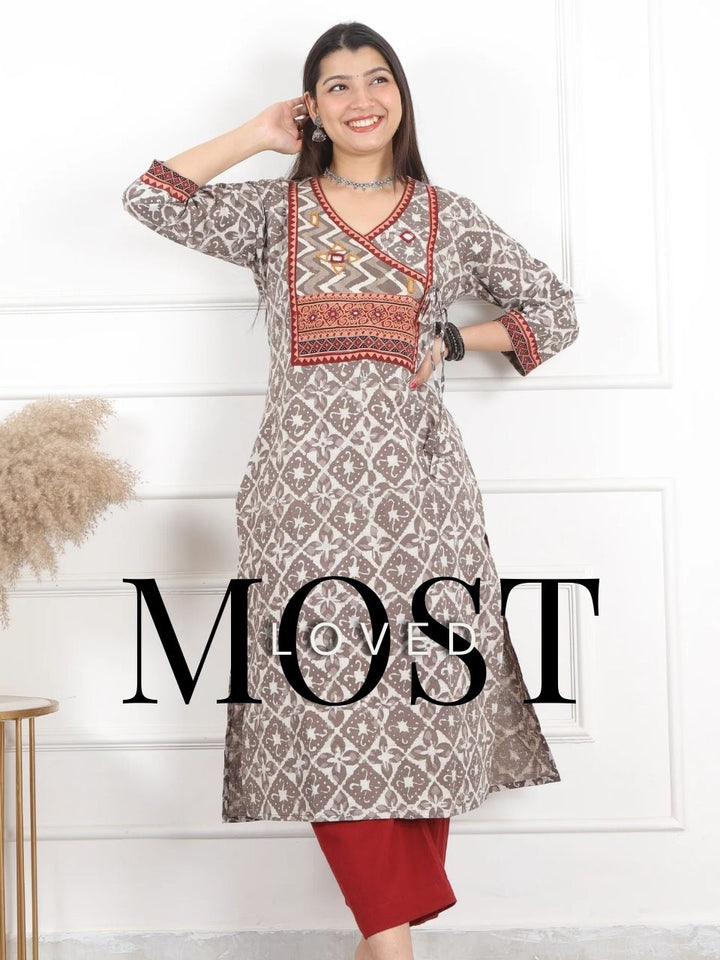 Ghoomar Latte Brown Kutch Mirror Neck Work Angrakha Cotton Kurti-D6