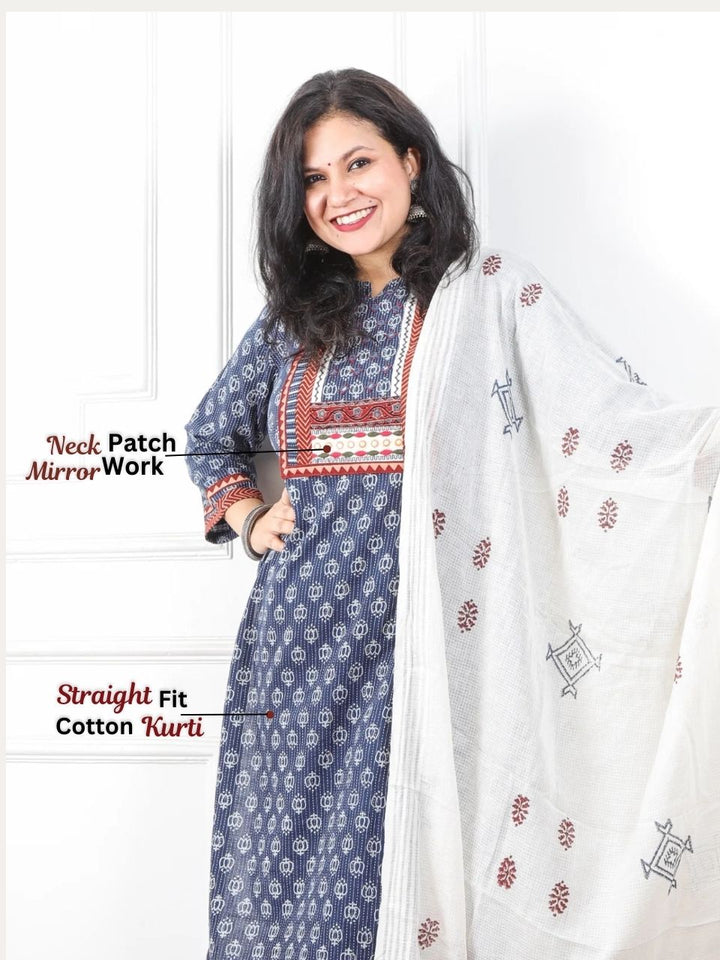 Chaahat BlueBerry Blue Kutch Mirror Neck Work Print Cotton 3 Piece Set