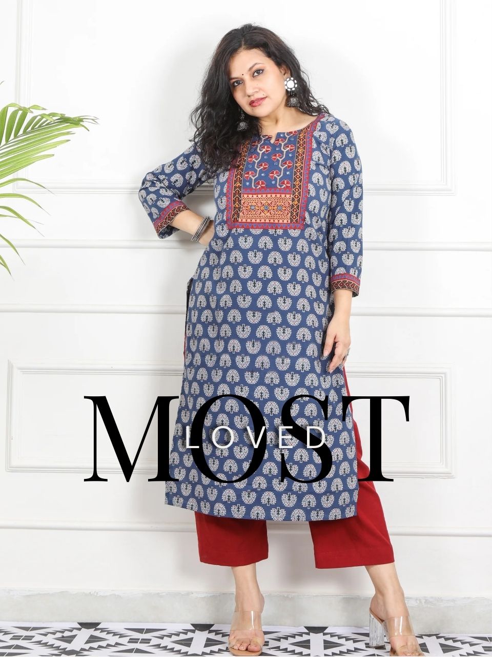 Ghoomer Denim Blue Kutch Neck Style Work Print Cotton Kurti-D9
