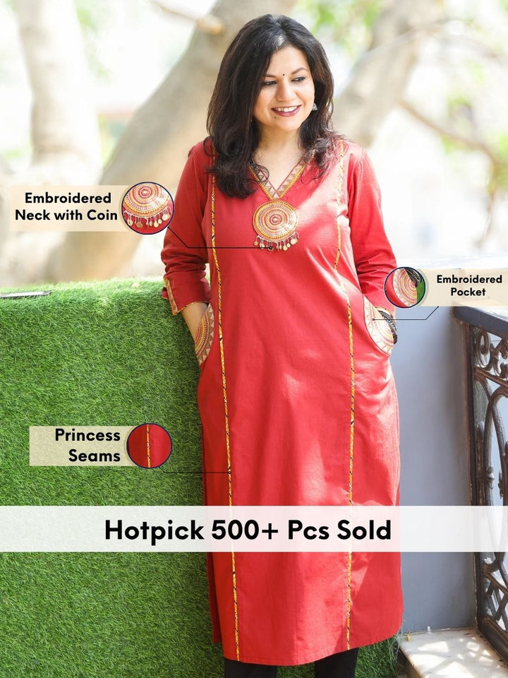 Gulkand Apple Red Embroidered Patch with Coin Work Cotton Kurti with Pocket