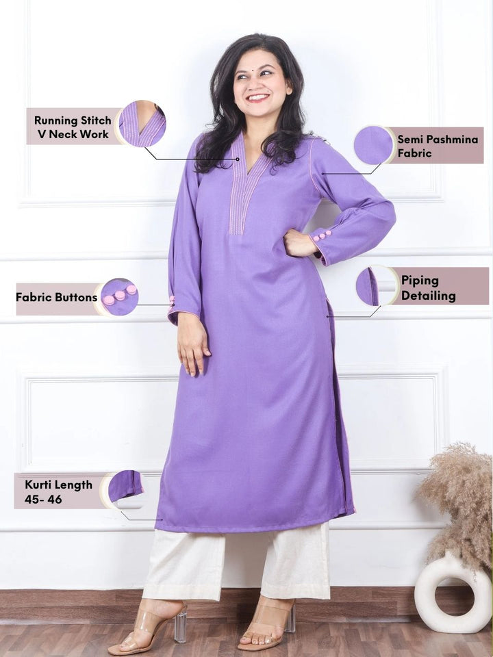 Bloosom Pansy Lilac Running Thread Neck Work Semi Pashmina Winter Kurti