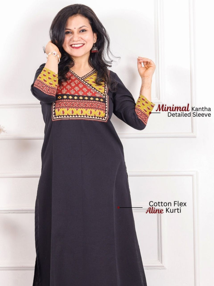 Shaayraana Midnight Black Kutch Fusion Work Angrakha Cotton Flex Kurti-D2
