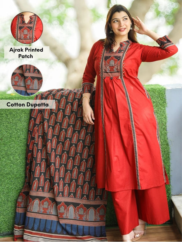 Barsaati Cherry Red Ajrak Printed Patch on Neck in Alia Cut Cotton 3 Piece Set
