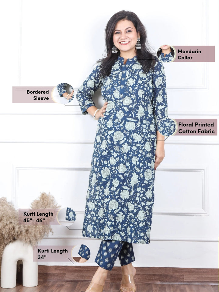 सजना Denim Blue All Over Floral Printed Cotton 2 Piece Set