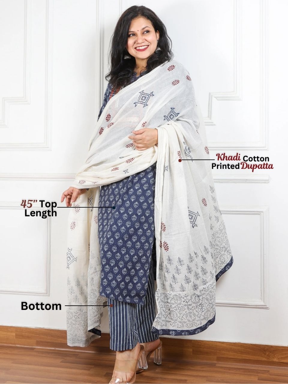 Chaahat BlueBerry Blue Kutch Mirror Neck Work Print Cotton 3 Piece Set