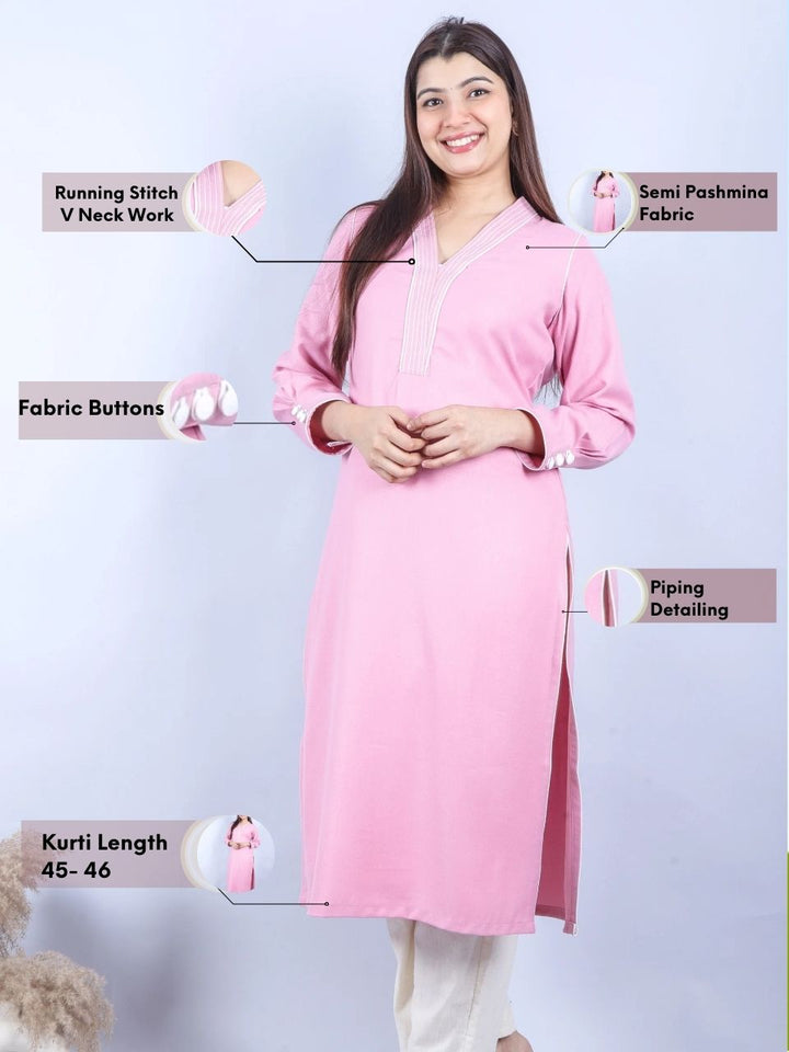 Bloosom Candy Pink Running Thread Neck Work Semi Pashmina Winter Kurti