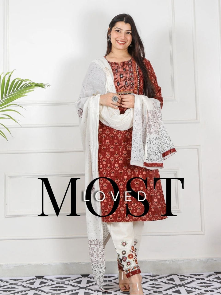 Chaahat Barn Red Kutch Mirror Neck Work Print Cotton 3 Piece Set-D9