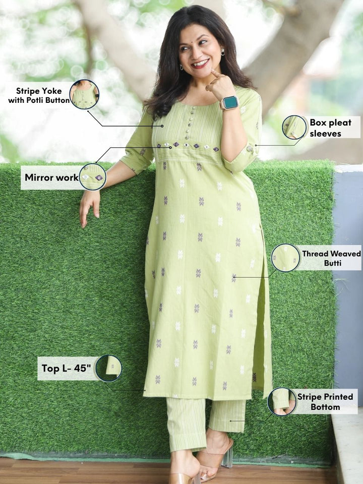 Saundrya Tea Green Stripe Print Yoke with Mirror and Potli Button South Cotton 2 Piece Set