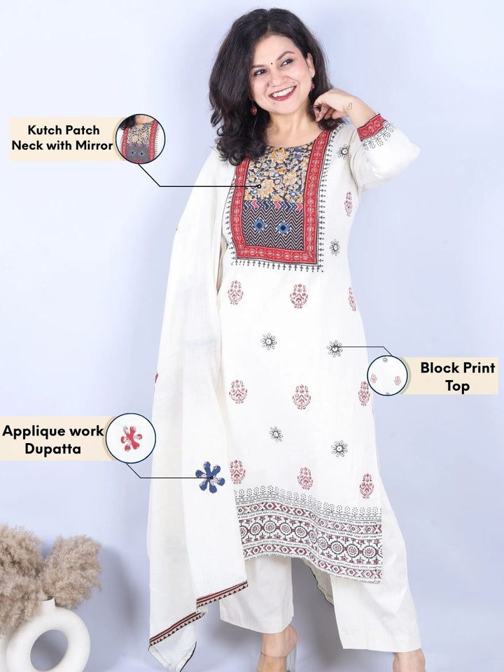 Aahista Shell White Kutch Work Patch with Mirror Block Print Cotton 3 Piece Set
