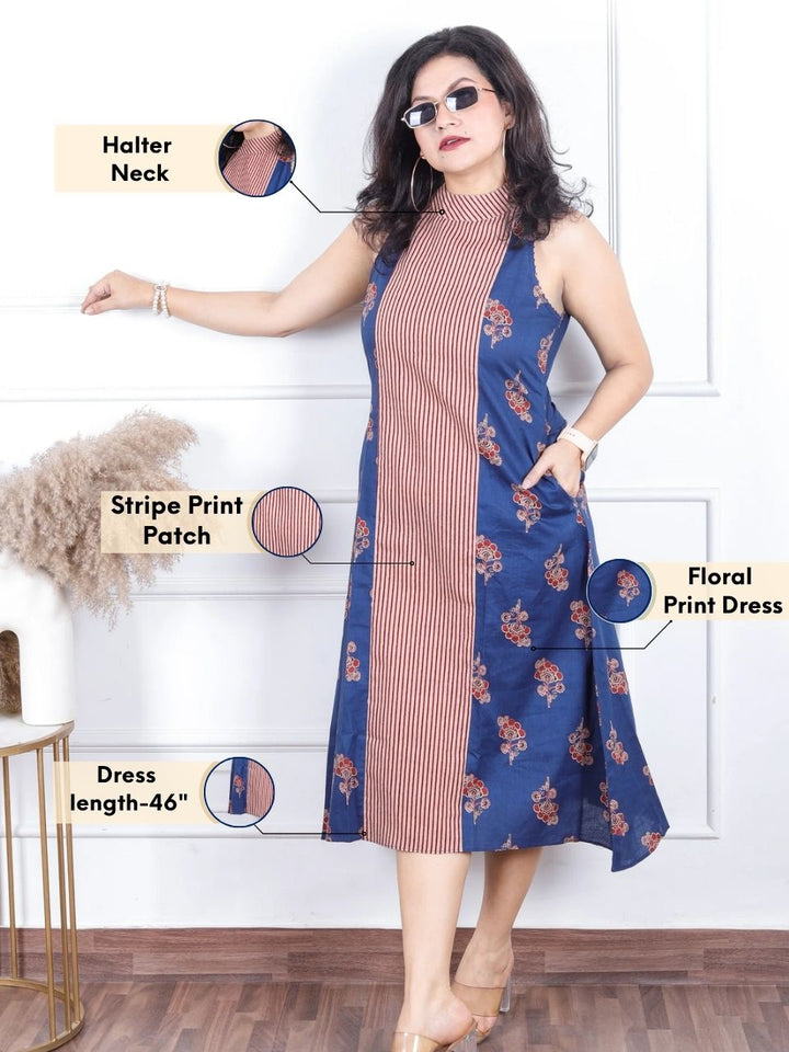 Khwab Navy Blue Stripe Print Patch in Front with Halter Neck Floral Print Dress