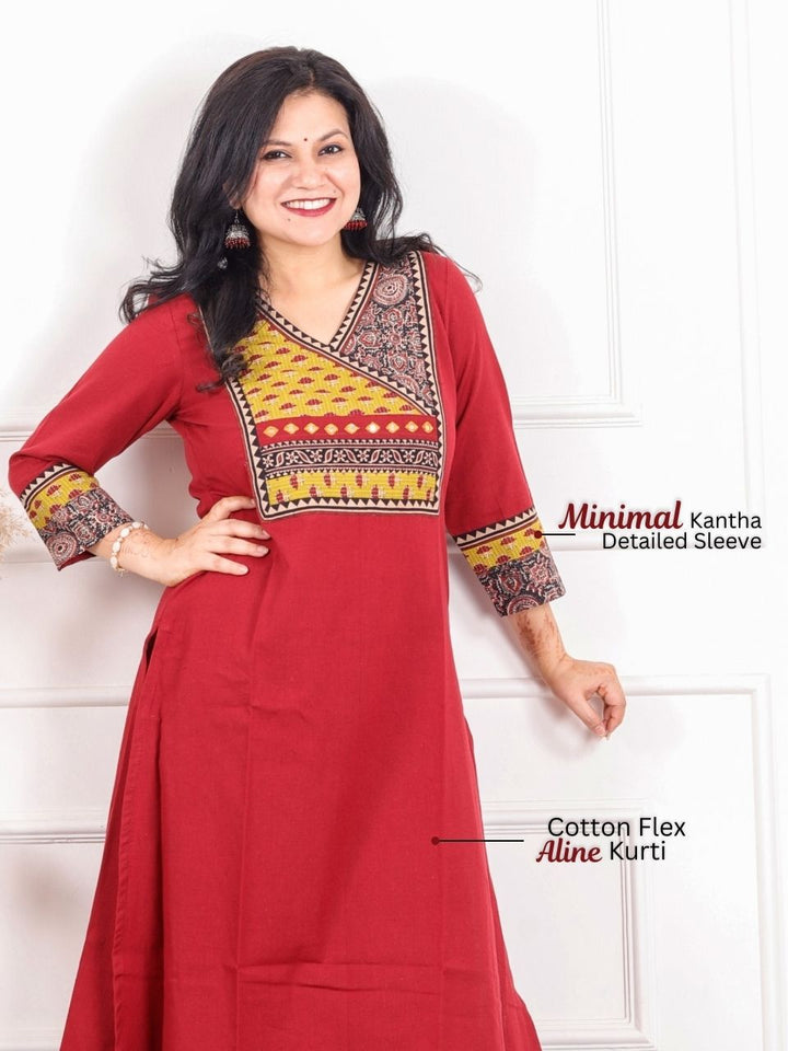 Shaayraana Maroon Red Kutch Fusion Work Angrakha Cotton Flex Kurti-D1