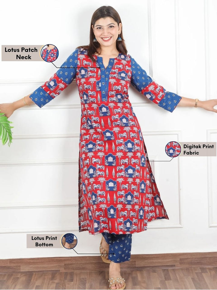 Sarangi Stawberry Red Digital Floral Printed with Lotus Patch on Neck Cotton 2 Piece Set