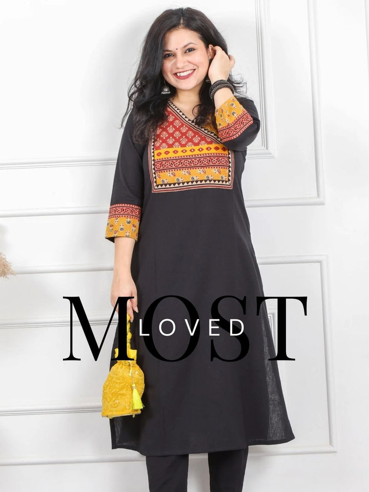 Shaayraana Midnight Black Kutch Fusion Work Cotton Flex Kurti-D1