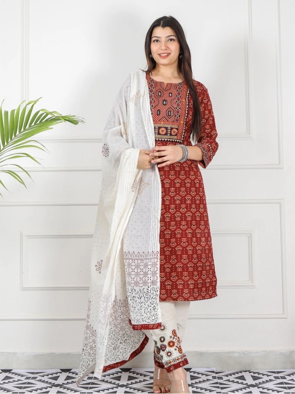 Chaahat Barn Red Kutch Mirror Neck Work Print Cotton 3 Piece Set-D9