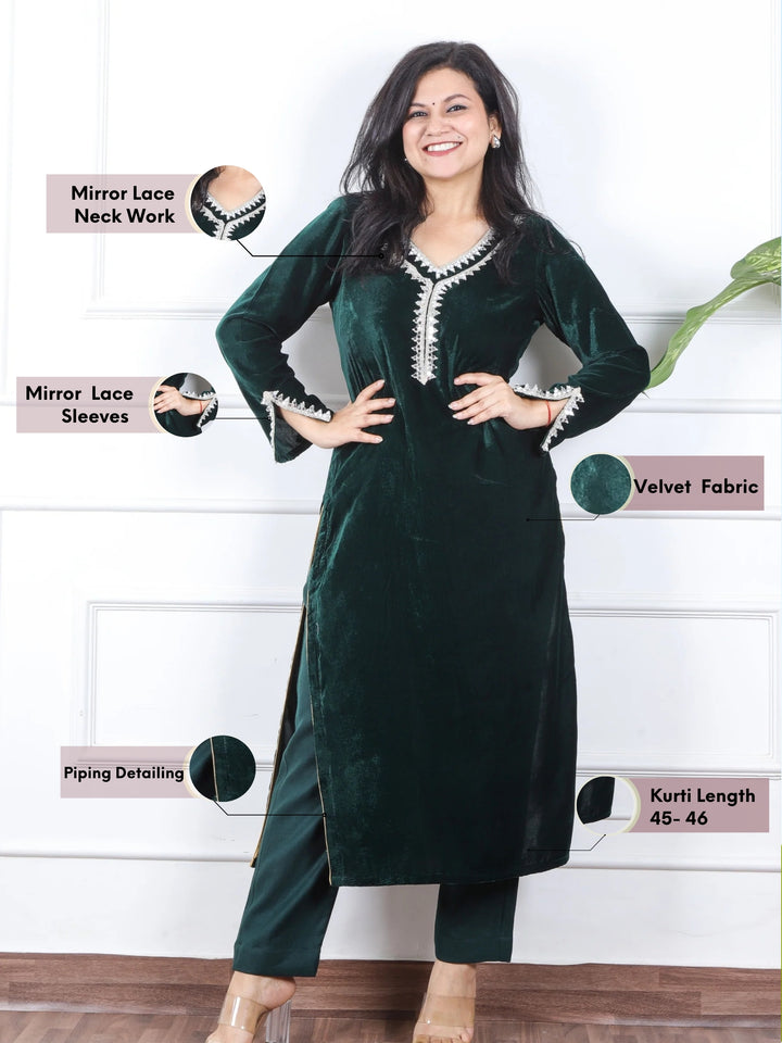 सजना Sacramento Green Lace Neck Work Velvet Winter Kurti