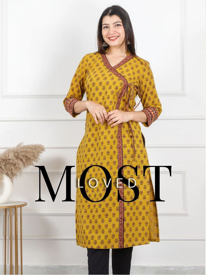 Shaayraana Dijon Yellow Kutch Fusion Work Angrakha Style Cotton Kurti