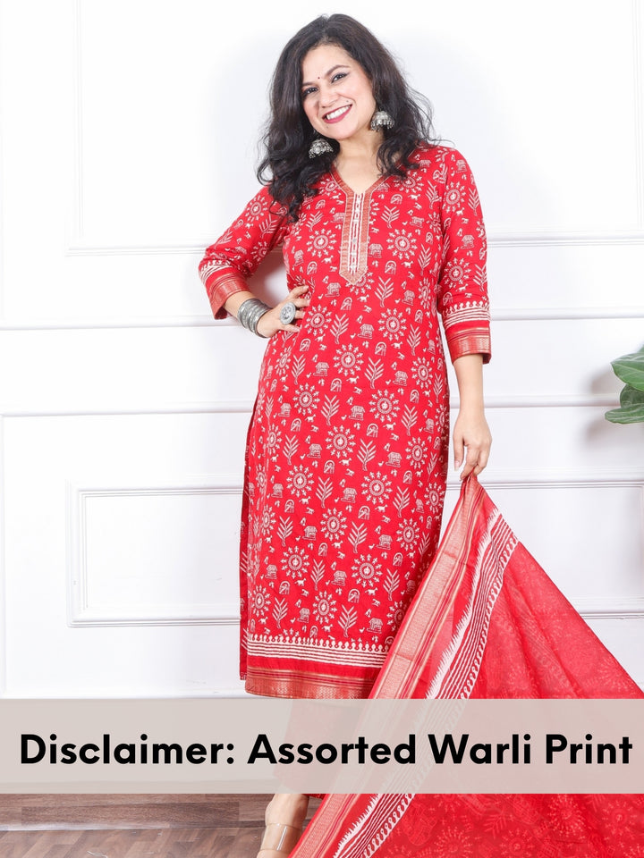 Zinat Bright Red Warli Printed in Mangalgiri Hem Work Cotton 3 Piece Set