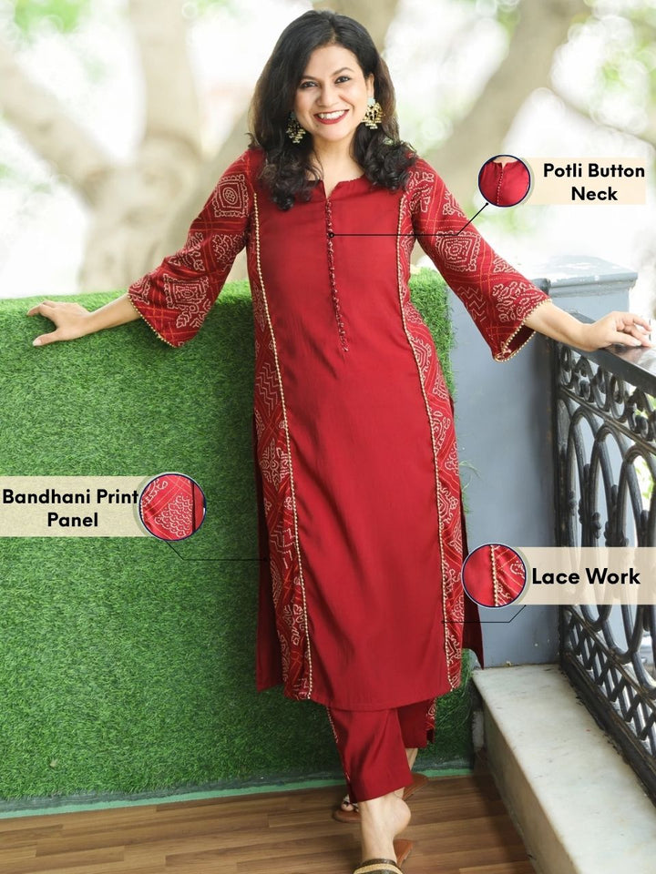 Hilori Dark Maroon Potli Button with Bandhani Print Panel Work Roman SIlk Kurti