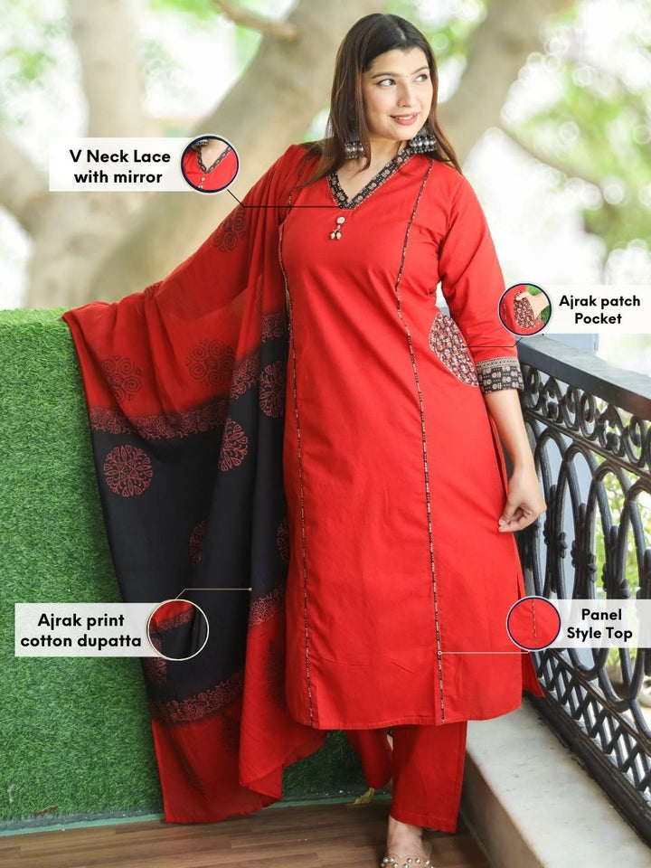 Sundari Cherry Red V Neck Lace with Panel Style Cotton 3 Piece Set with Pocket
