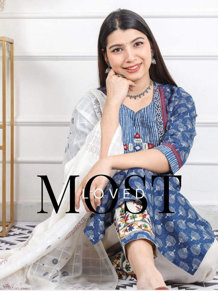 Ghoomar Indigo Blue Kutch Embroidery Neck Work Print Cotton 3 Piece Set D4