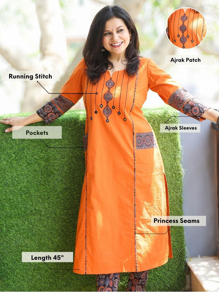 Pankhudi Saffron Orange Running Stitch Ajrak Patch with Mirror Work Cotton Kurti with Pocket