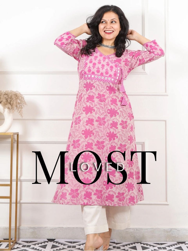 Roop Fuscia Pink Angrakha Neck in Dabu Printed Cotton Kurti