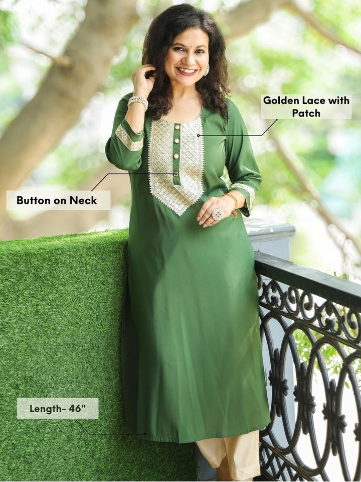 Rishvi Forest Green Golden Lace Work with Button Work Roman SIlk Kurti