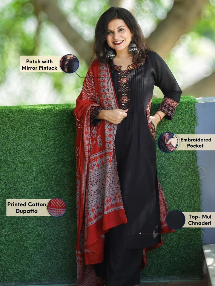 Kiara Raven Black Patch with Mirror Pintuck and Gathered Mul Chnaderi 3 Piece Set with Pocket
