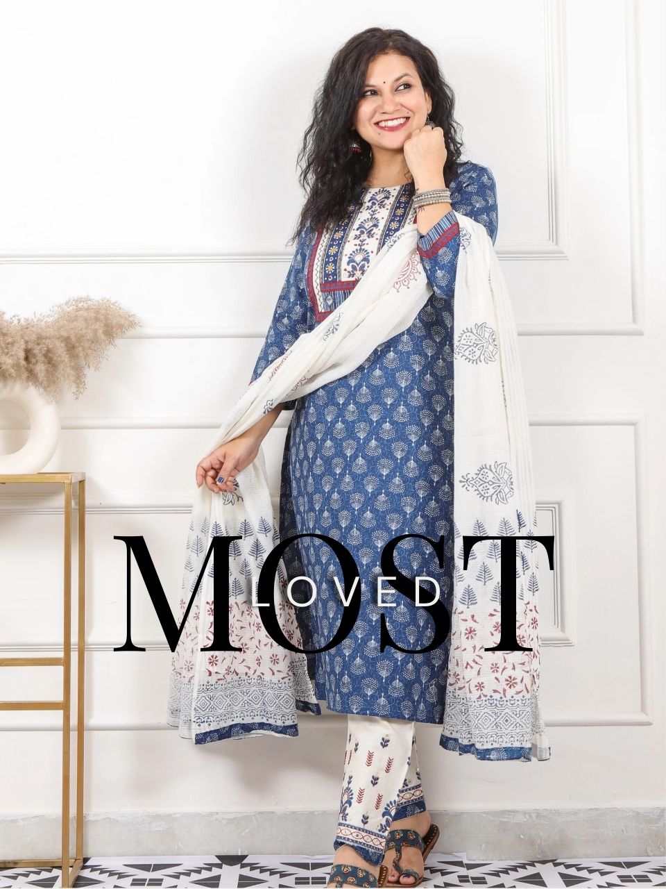 Gulmayi Indigo Blue Kutch Embroidery Neck Work Print Cotton 3 Piece Set-D8