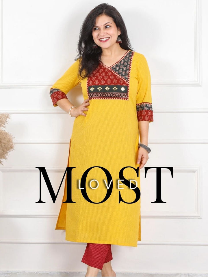 Hanniyaan Bright Yellow Angrakha Neck Work Kantha Cotton Kurti-D1