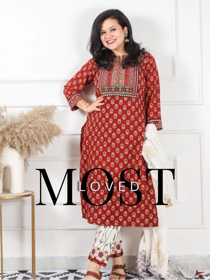 Chaahat Barn Red Kutch Mirror Neck Work Print Cotton 3 Piece Set-D7